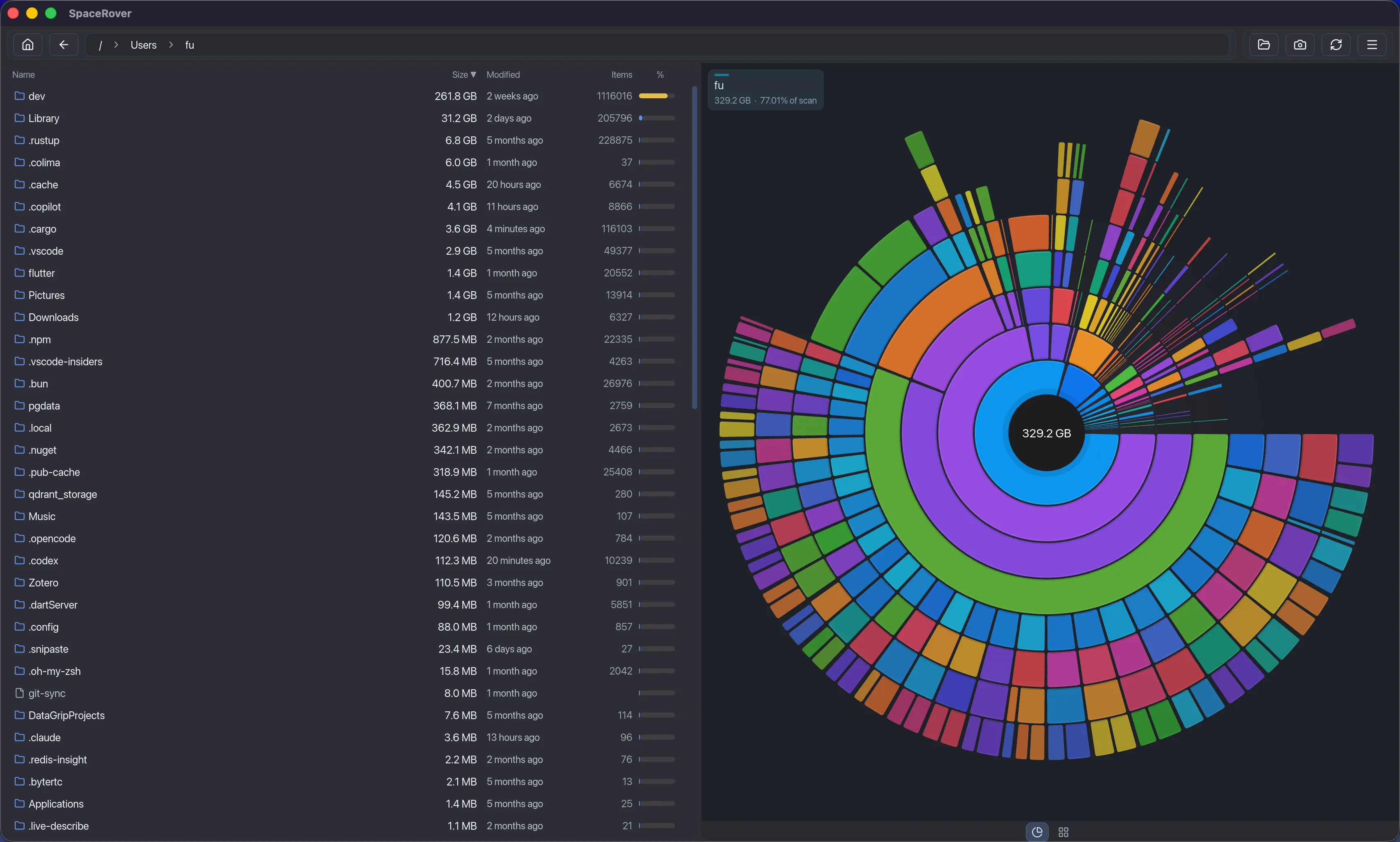 SpaceRover visual disk space analyzer showing a sunburst map and ranked file list