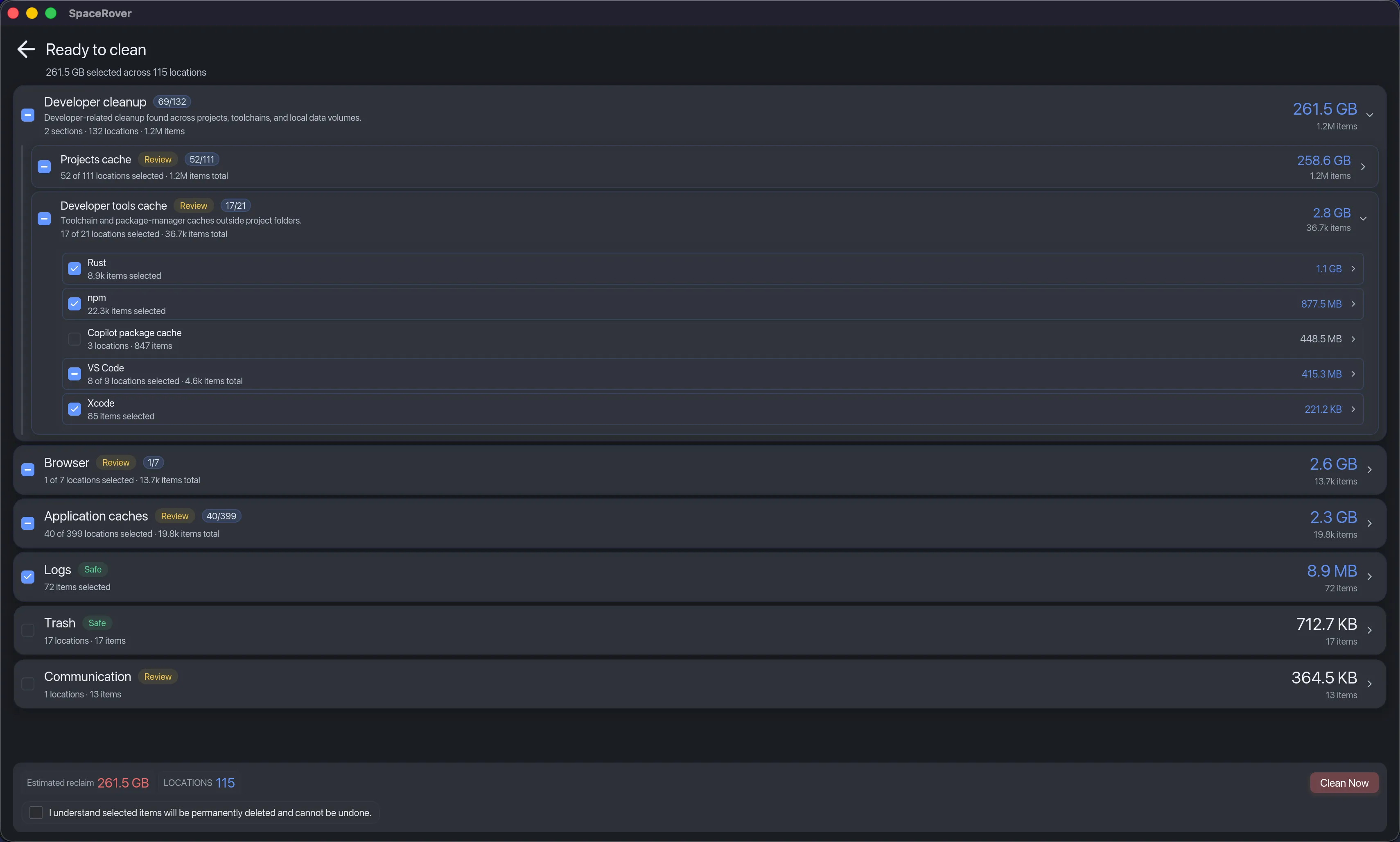 SpaceRover Smart Insights showing cleanup categories